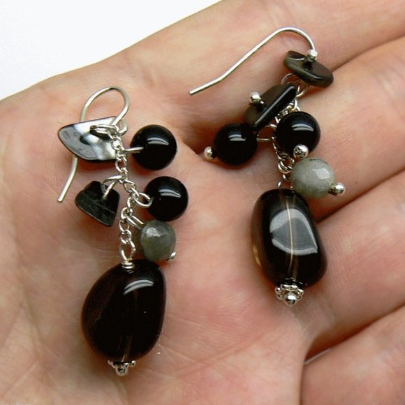 Black Onyx Labradorite Quartz Silver Earrings - Picture 3 of 4